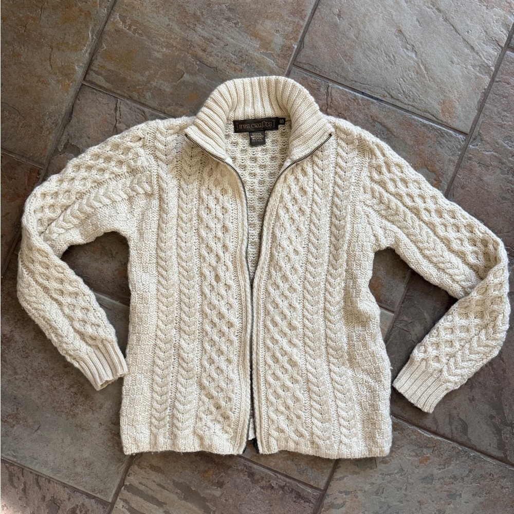 100% Merino Wool Women's Ivory Cable Knit Cardigan